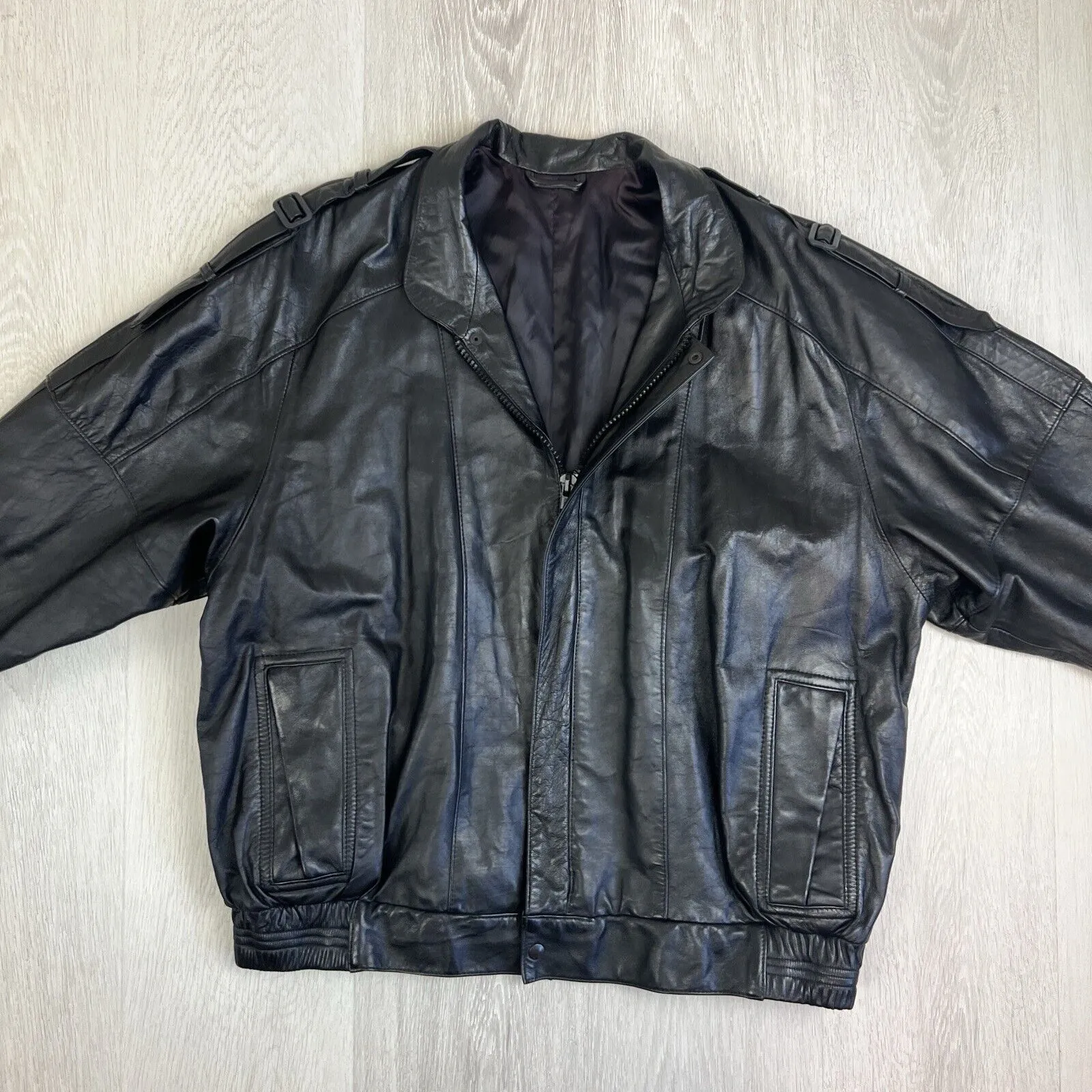 KRZNO Black Leather Retro Full Zip Jacket Size L/XL Approx
