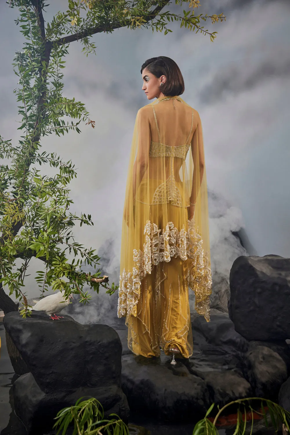 Layered Pants With Sheer Kurta And Sequin Work Stole