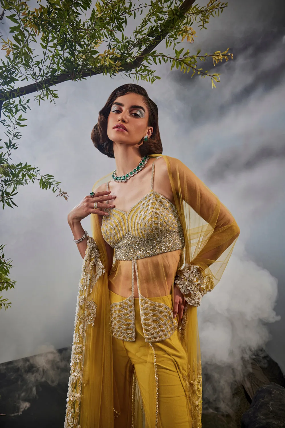 Layered Pants With Sheer Kurta And Sequin Work Stole