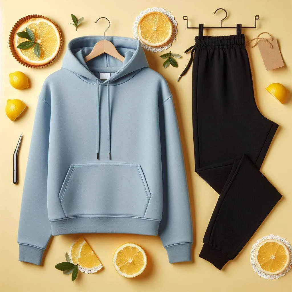 Lemon Tart Womens Plain Hoodie and Jogger Pants Set - LTWPHJPS1 - Light Blue Black