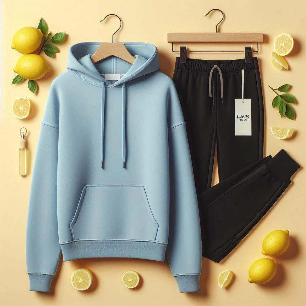 Lemon Tart Womens Plain Hoodie and Jogger Pants Set - LTWPHJPS1 - Light Blue Black