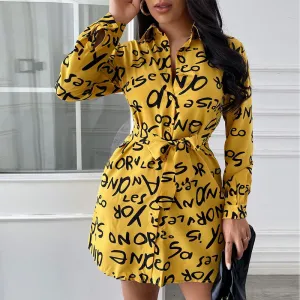 Letter Print Long Sleeve Belted Shirt Dress