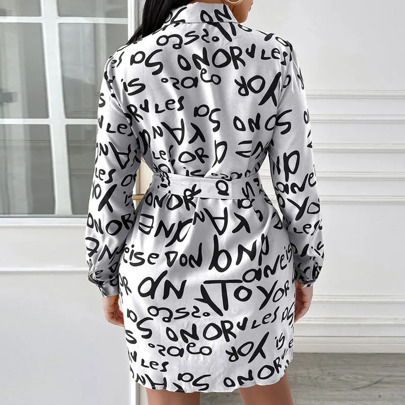 Letter Print Long Sleeve Belted Shirt Dress