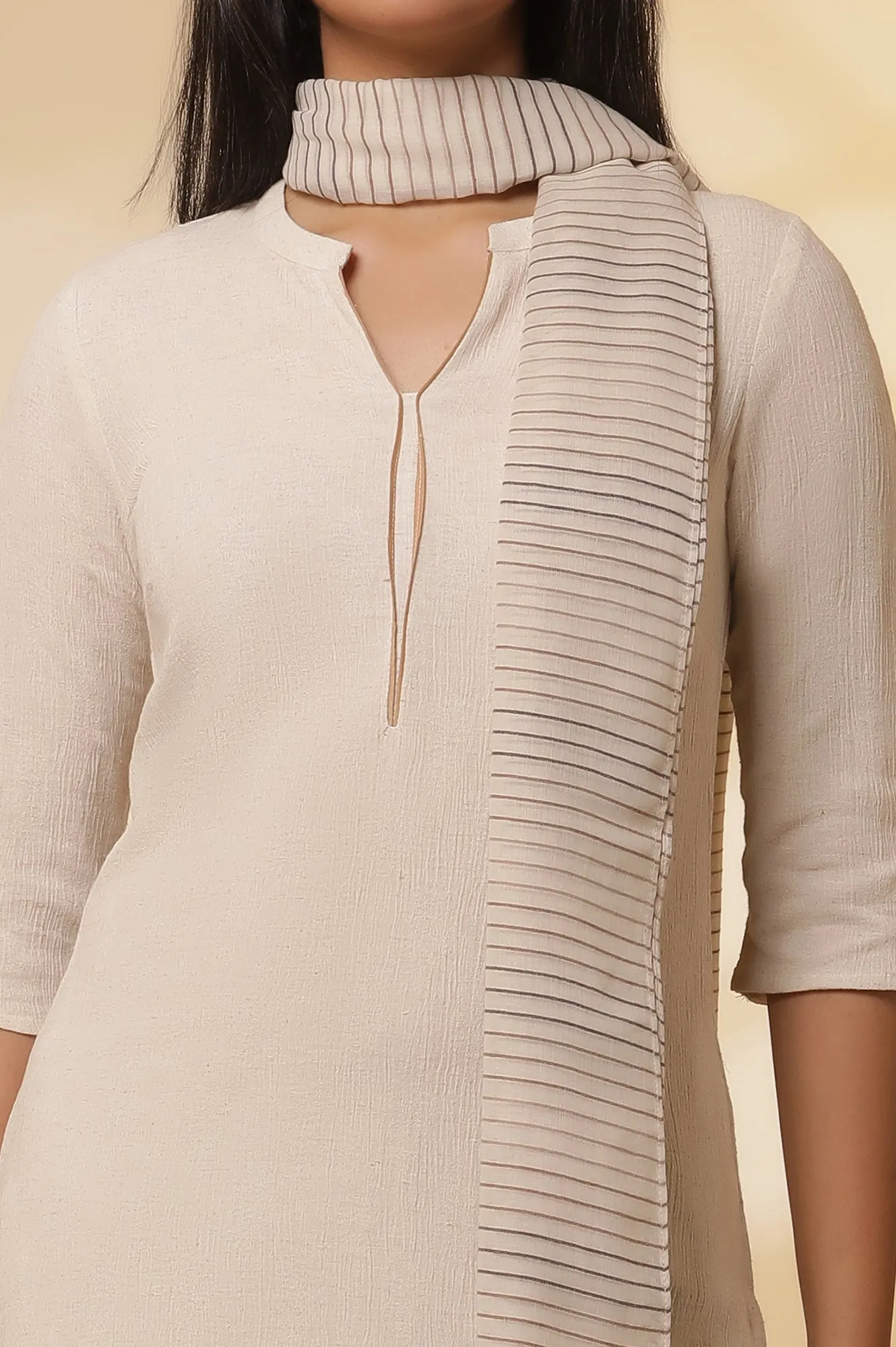 Light Beige Cotton Flax Kurta, Pants with Dupatta Set