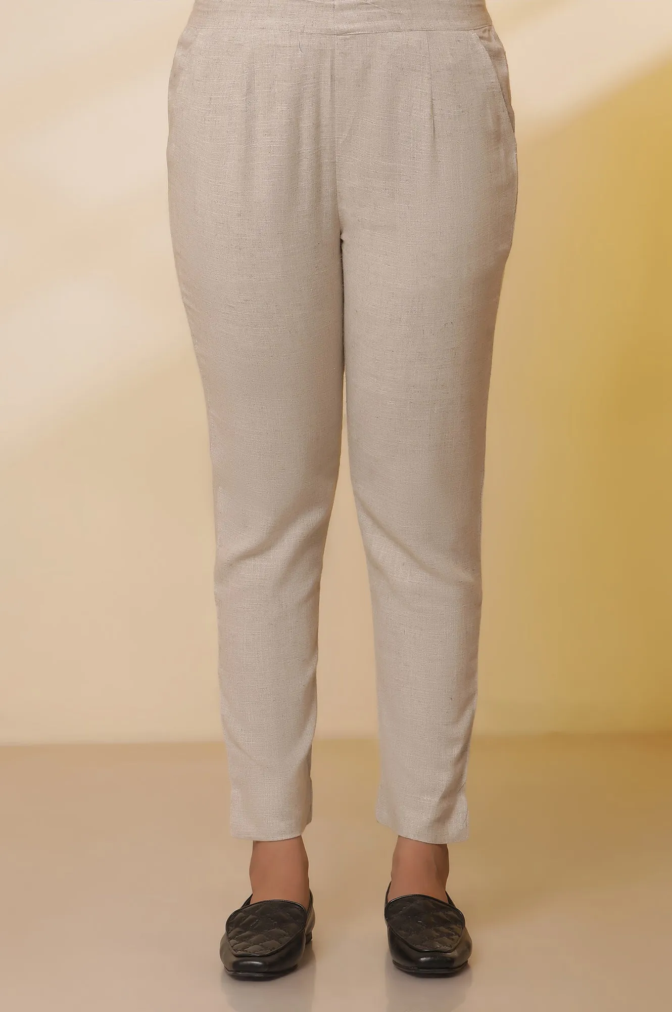 Light Beige Cotton Flax Kurta, Pants with Dupatta Set