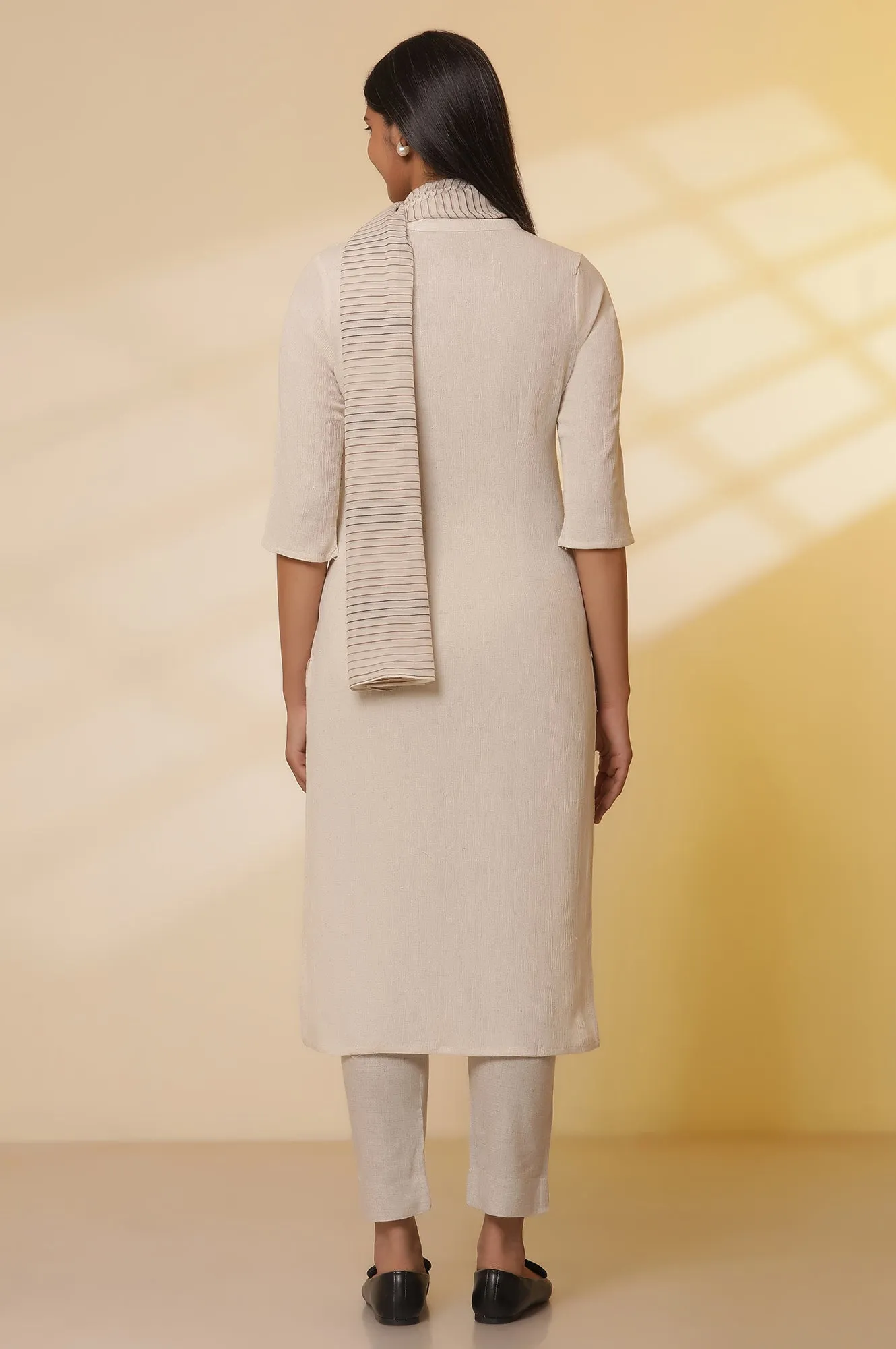 Light Beige Cotton Flax Kurta, Pants with Dupatta Set