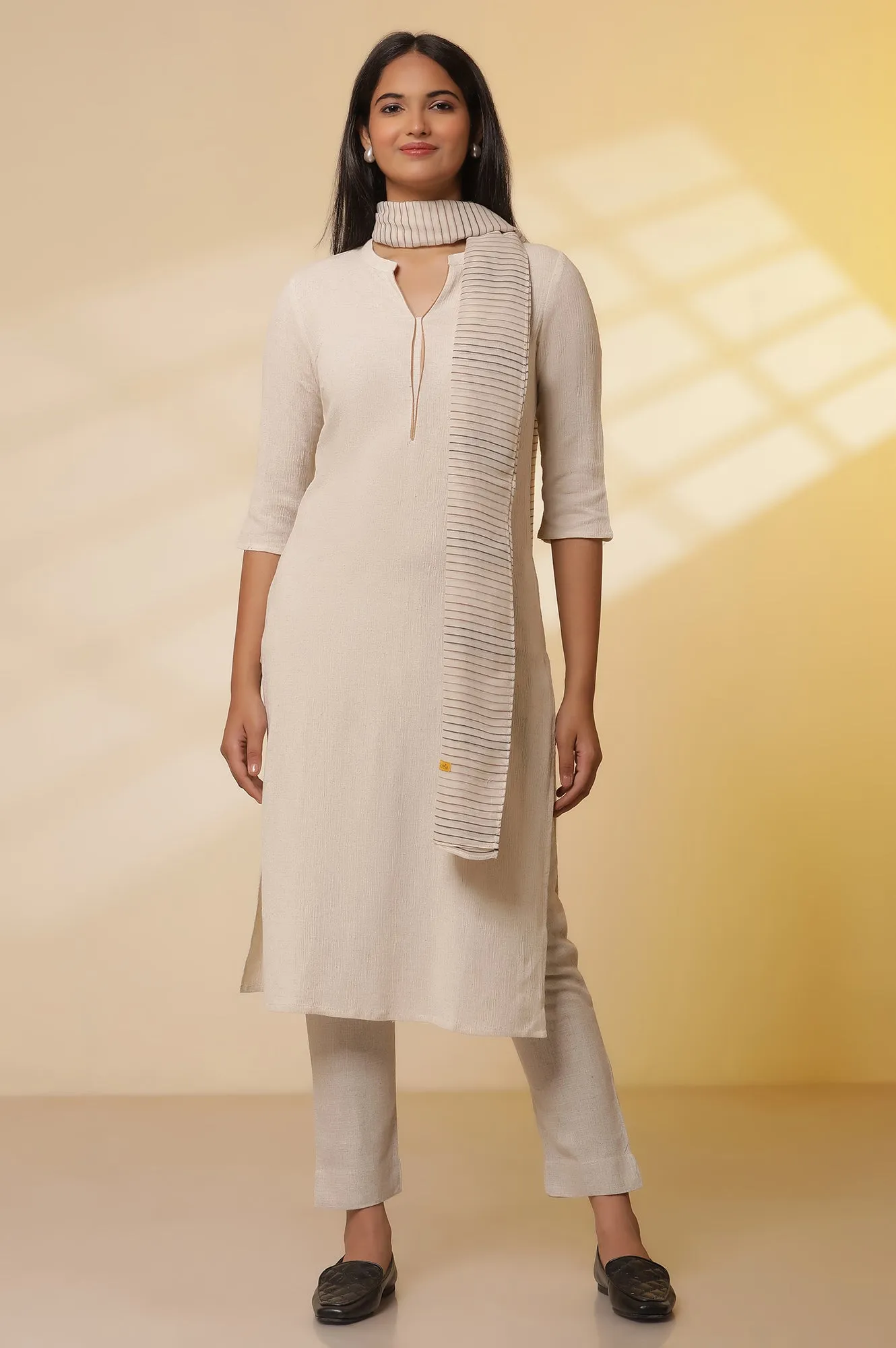 Light Beige Cotton Flax Kurta, Pants with Dupatta Set