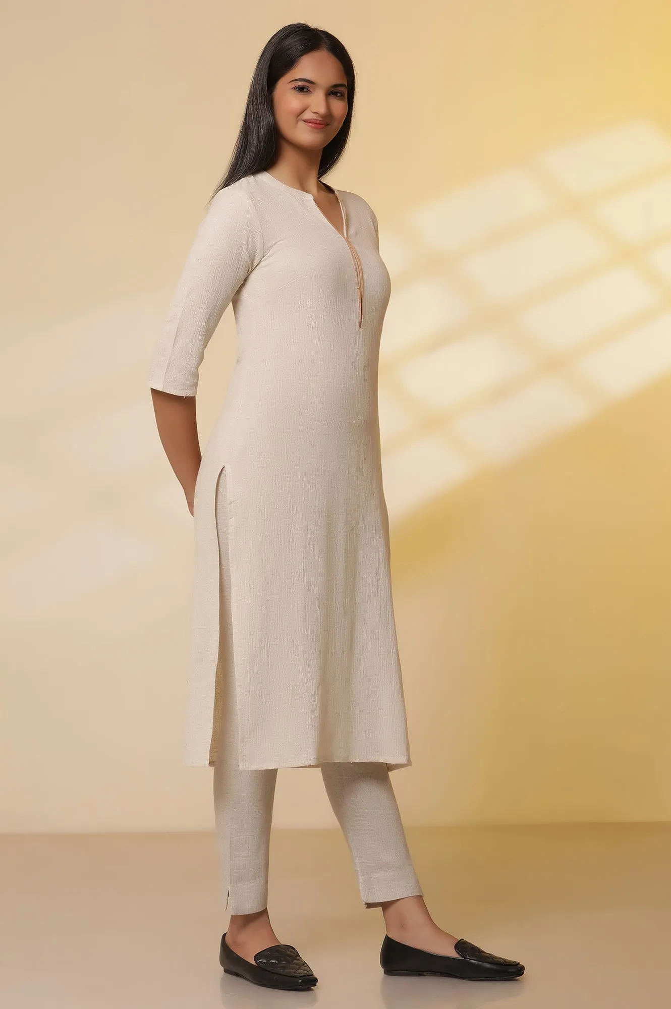 Light Beige Cotton Flax Kurta, Pants with Dupatta Set
