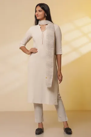Light Beige Cotton Flax Kurta, Pants with Dupatta Set