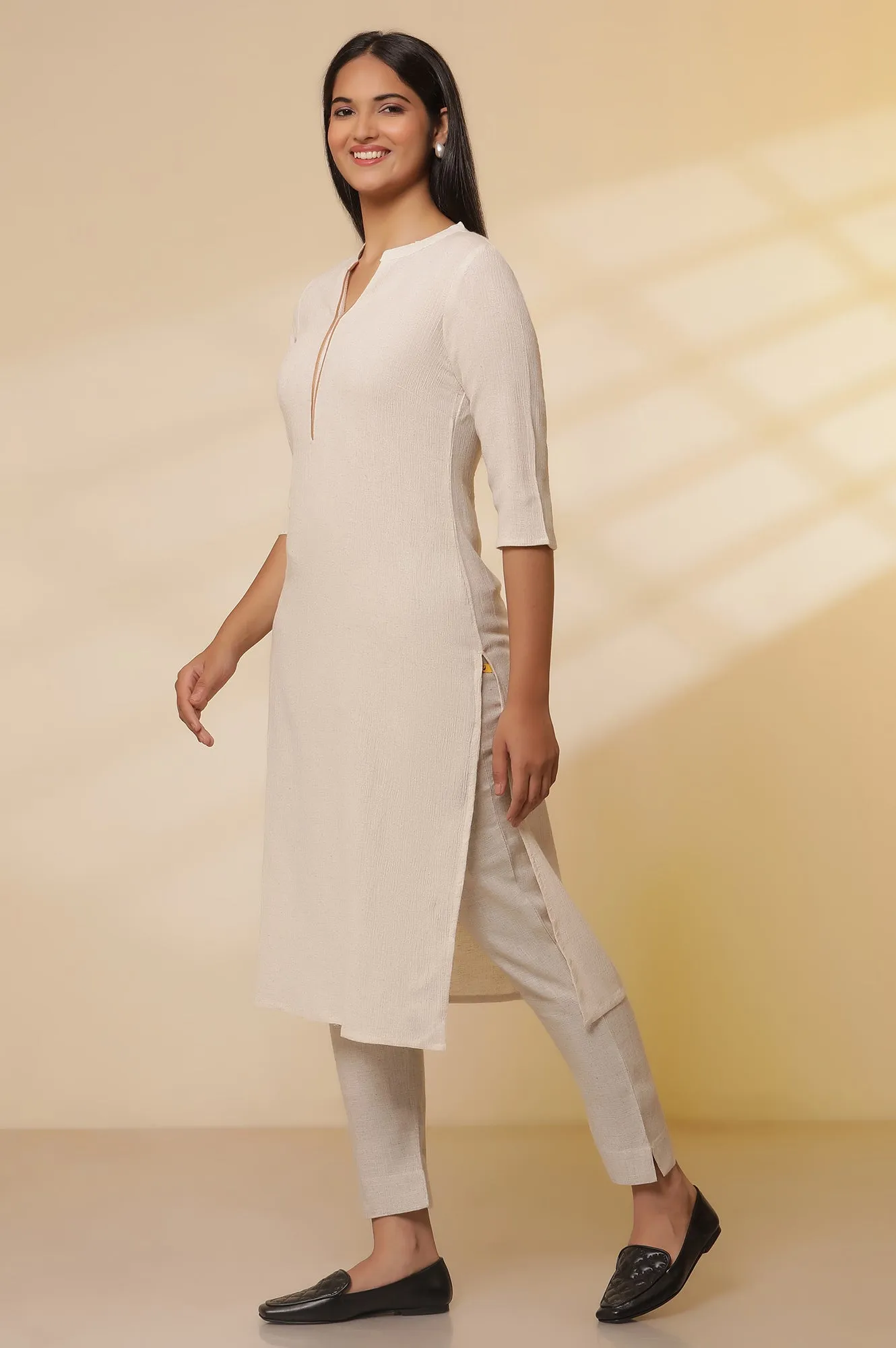 Light Beige Cotton Flax Kurta, Pants with Dupatta Set