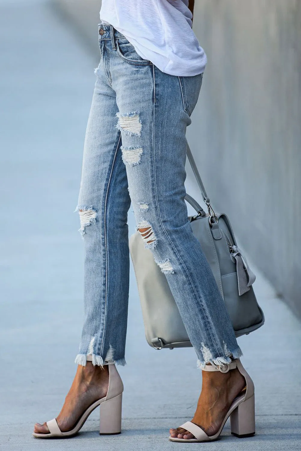 Light Blue Distressed Boyfriend Denim Pants