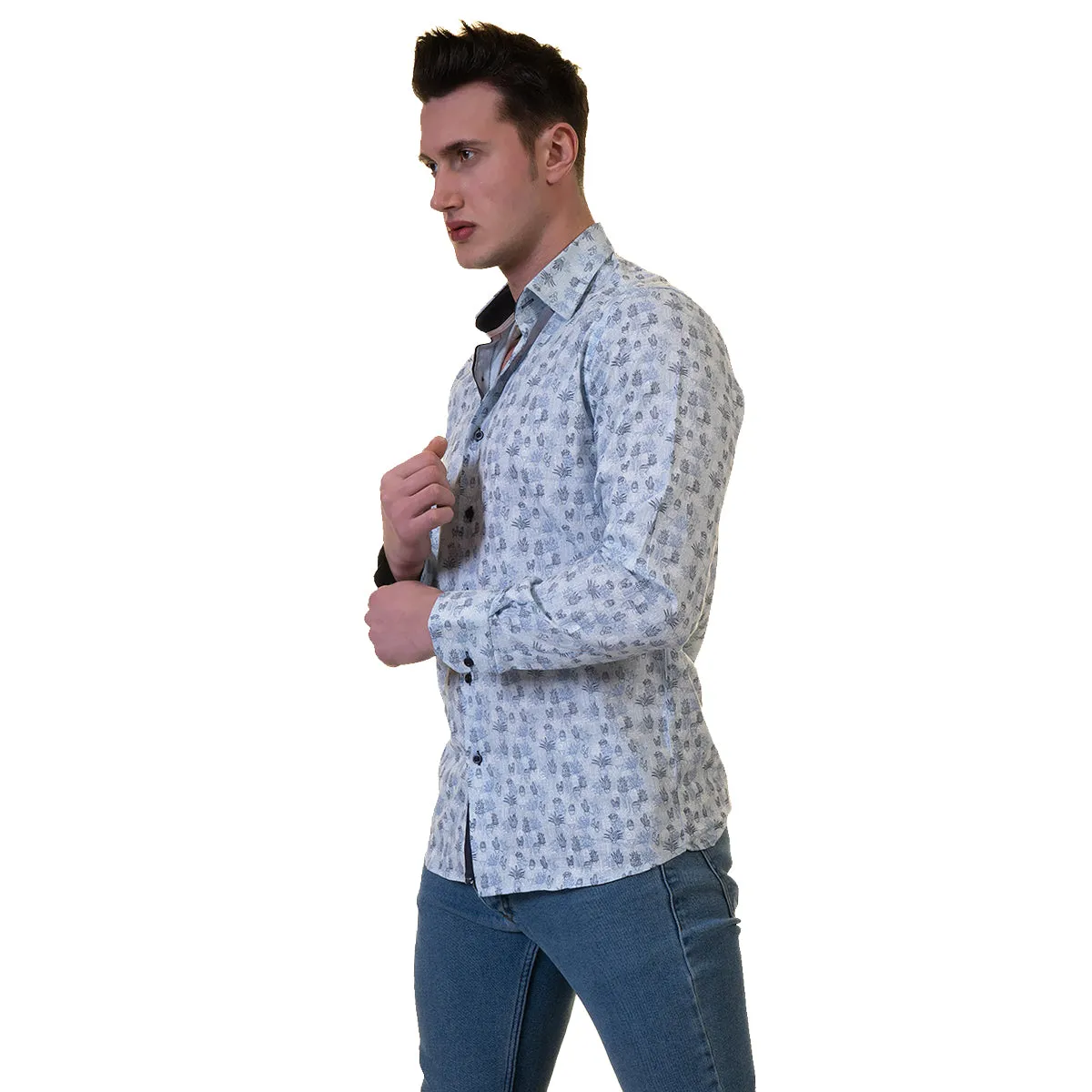 Light Blue Floral Mens Slim Fit Designer Dress Shirt - tailored Cotton Shirts for Work and Casual Wear