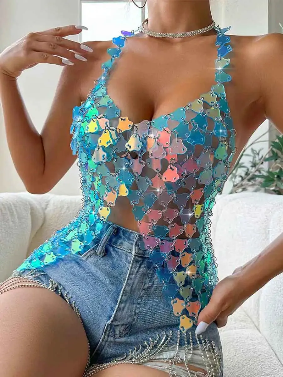 Light Blue Halter Neck Sequin Vest For Disco