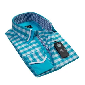 Light Blue White Check Mens Slim Fit Designer Dress Shirt - tailored Cotton Shirts for Work and