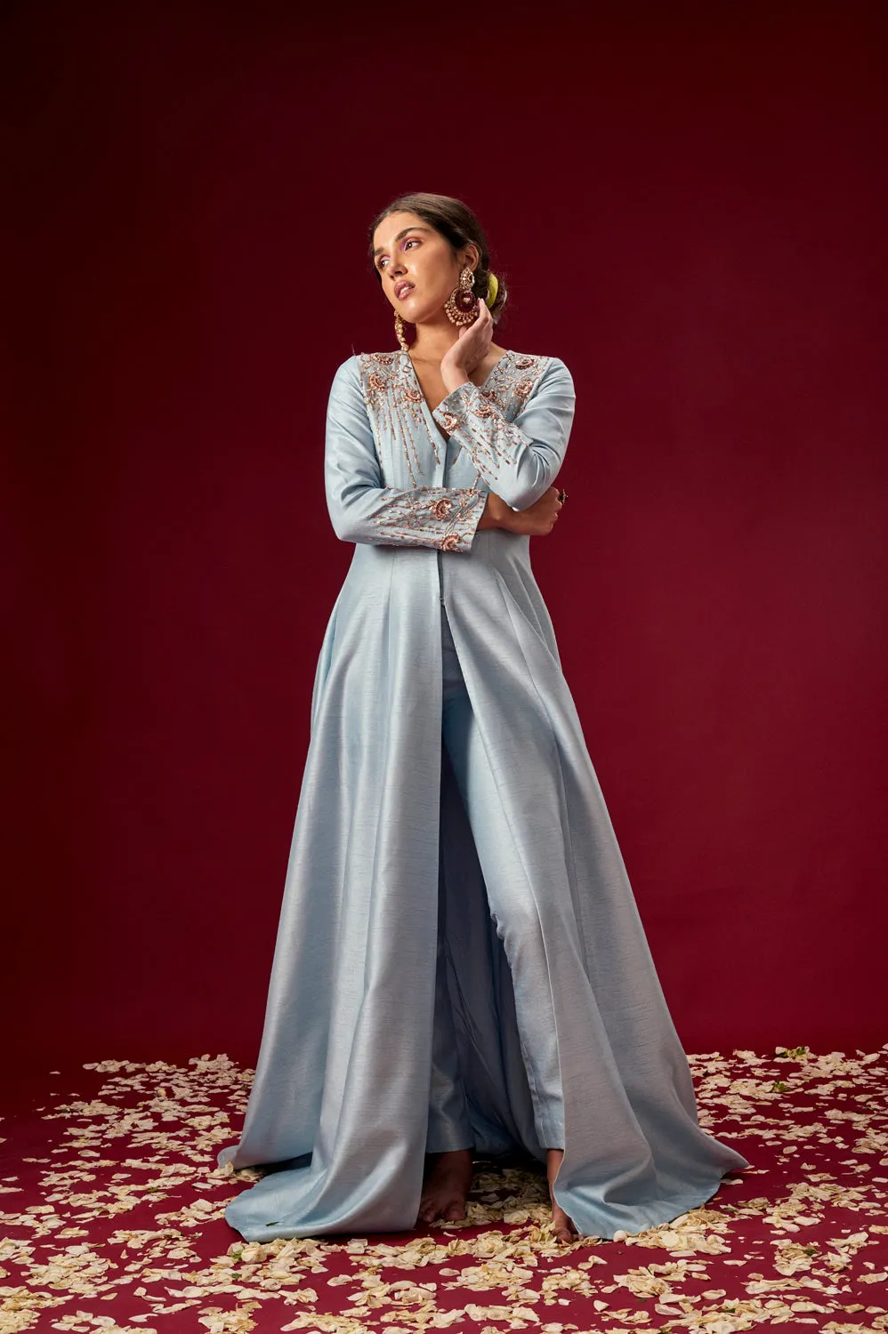 Lilac Blue Embroidered Jacket With Pants
