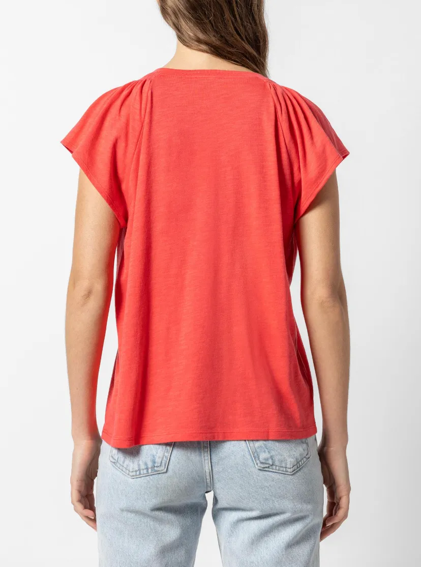 LILLA P SHIRRED SHOULDER V NECK