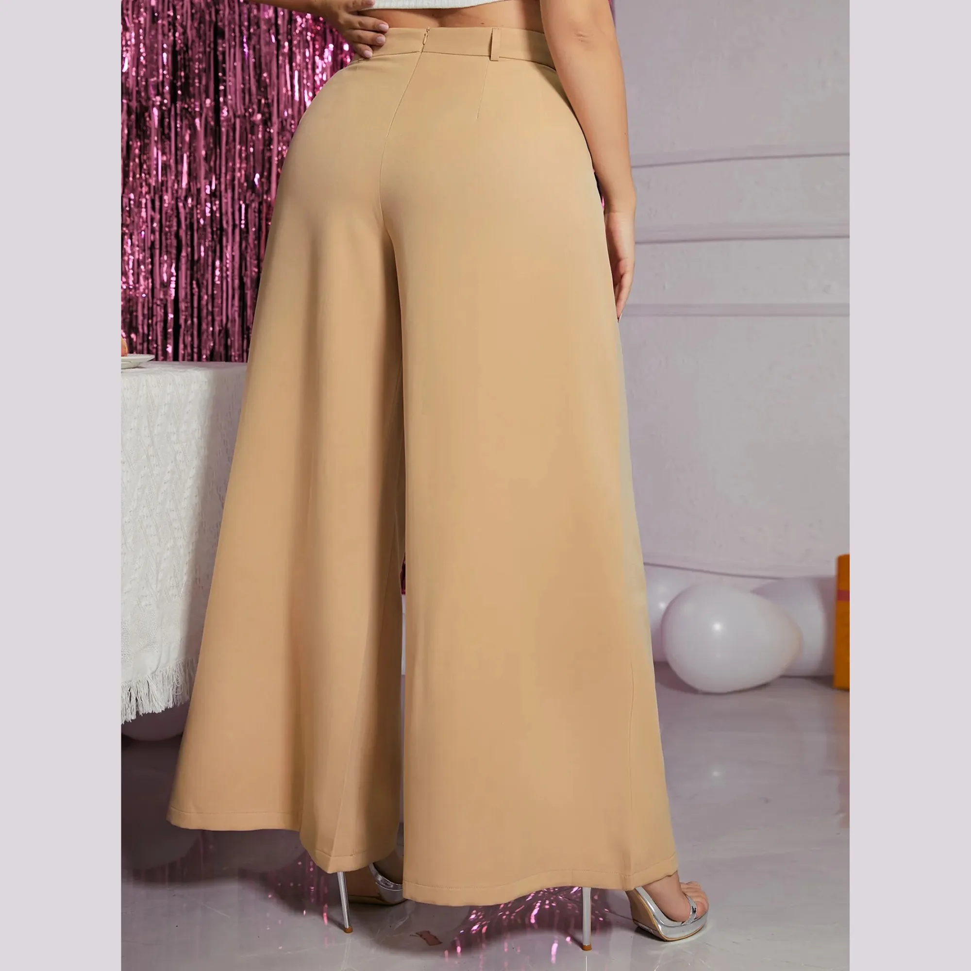 Lola - Beige Plus Size High Waist Wide Leg Pants
