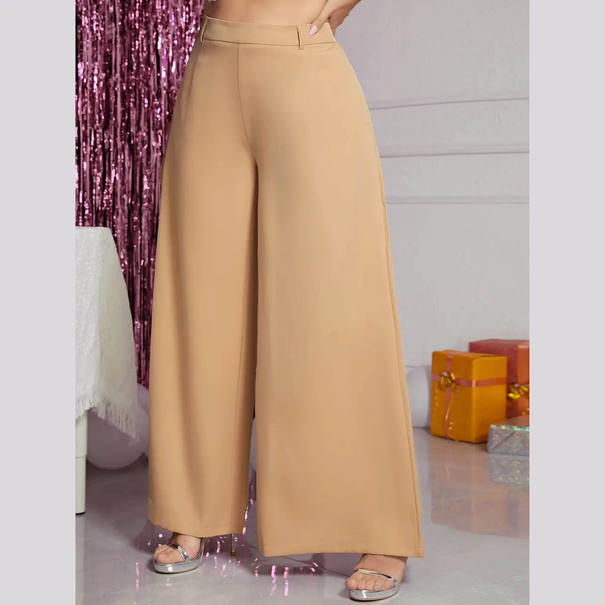 Lola - Beige Plus Size High Waist Wide Leg Pants