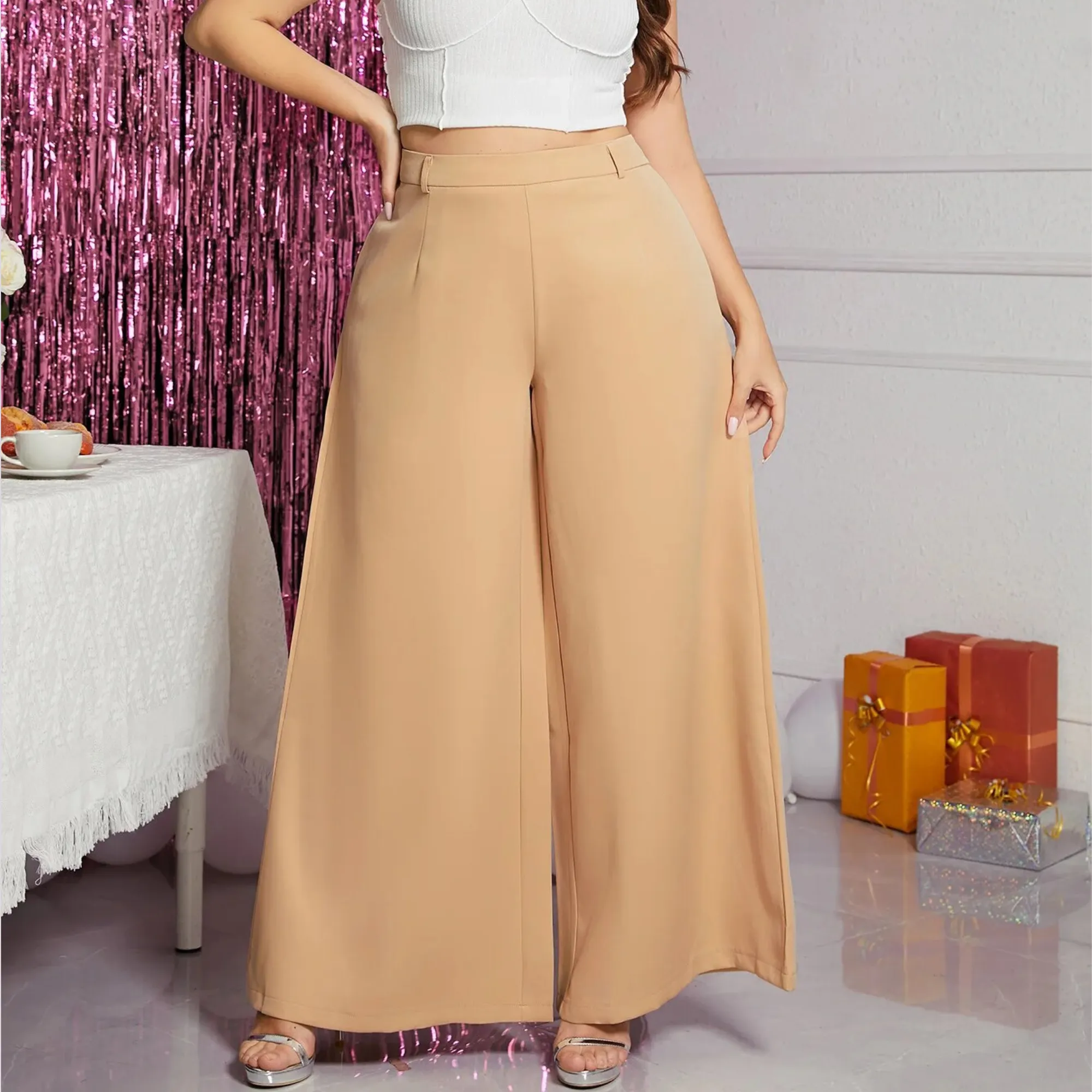 Lola - Beige Plus Size High Waist Wide Leg Pants