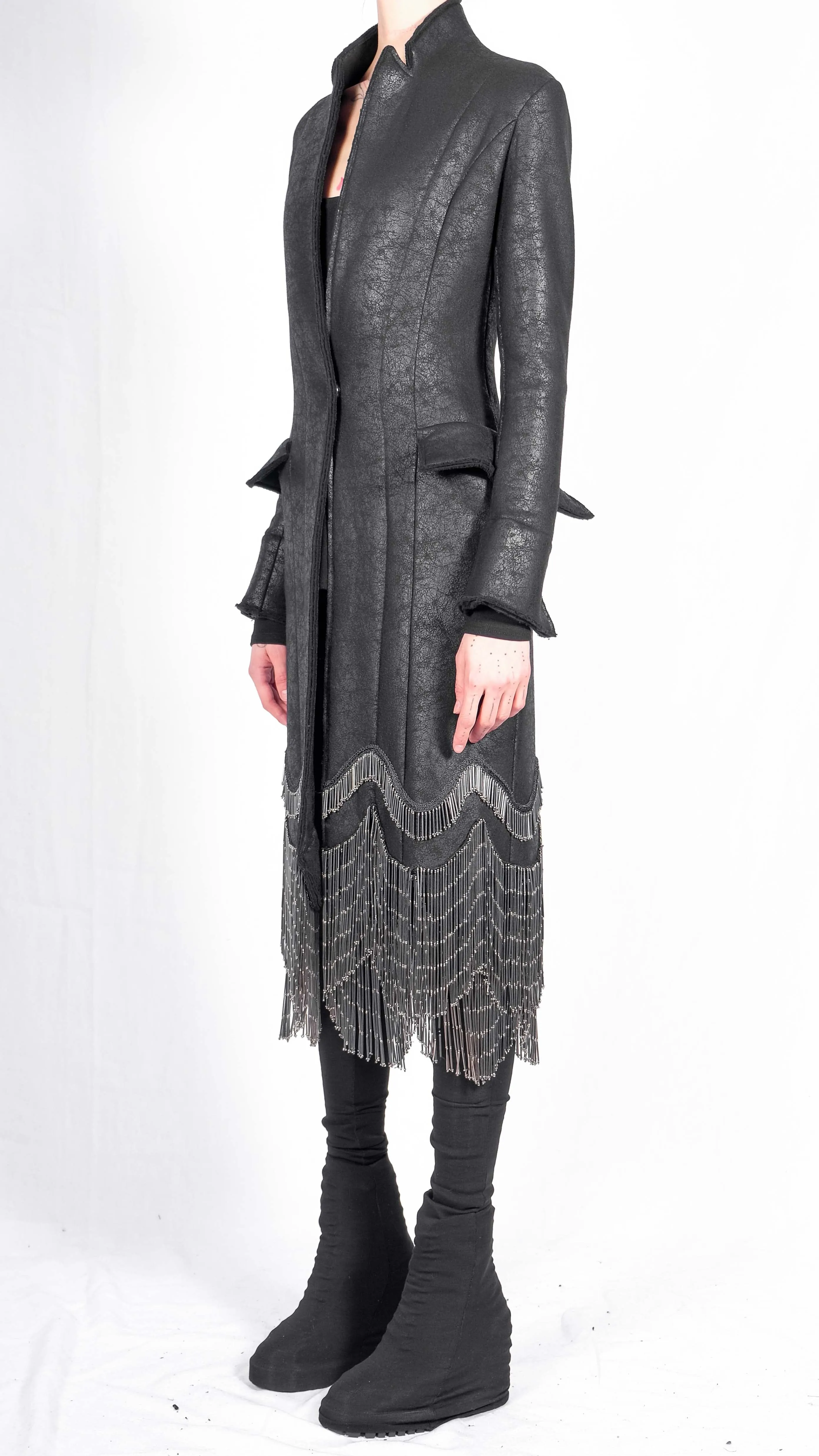 Long Leather Effect Blazer with Application