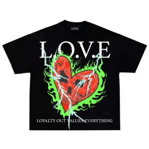 L.O.V.E Green Flame Heart  Black Tee