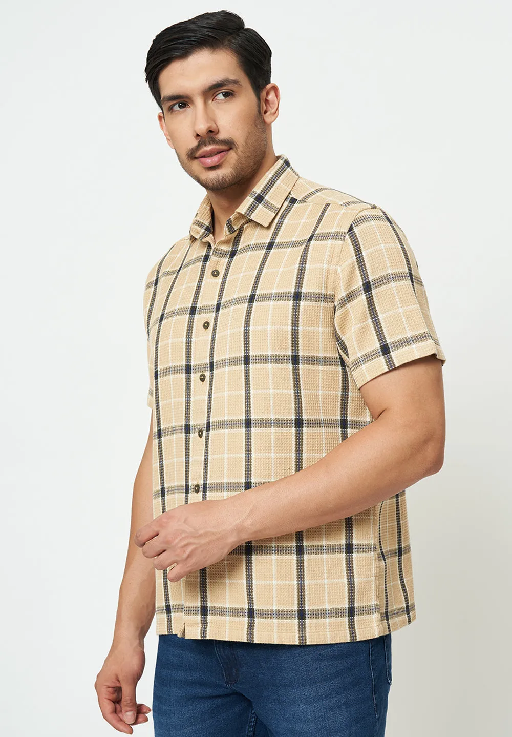 Men Beige Checks Casual Shirt