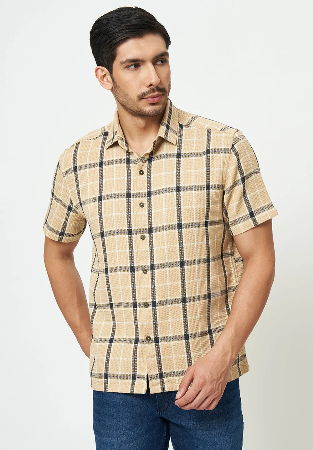 Men Beige Checks Casual Shirt