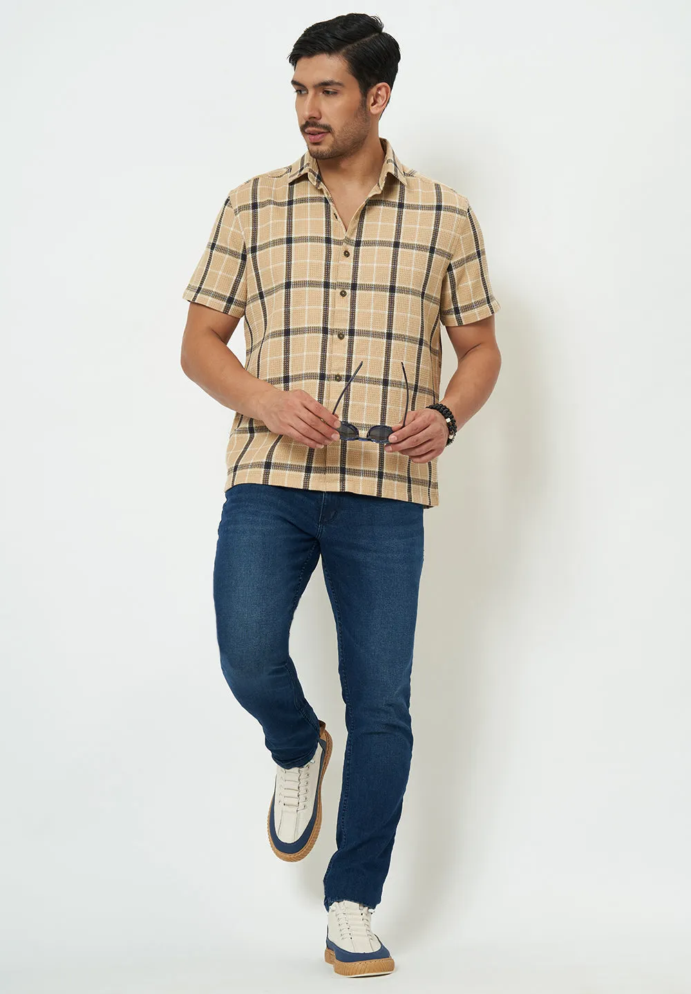 Men Beige Checks Casual Shirt