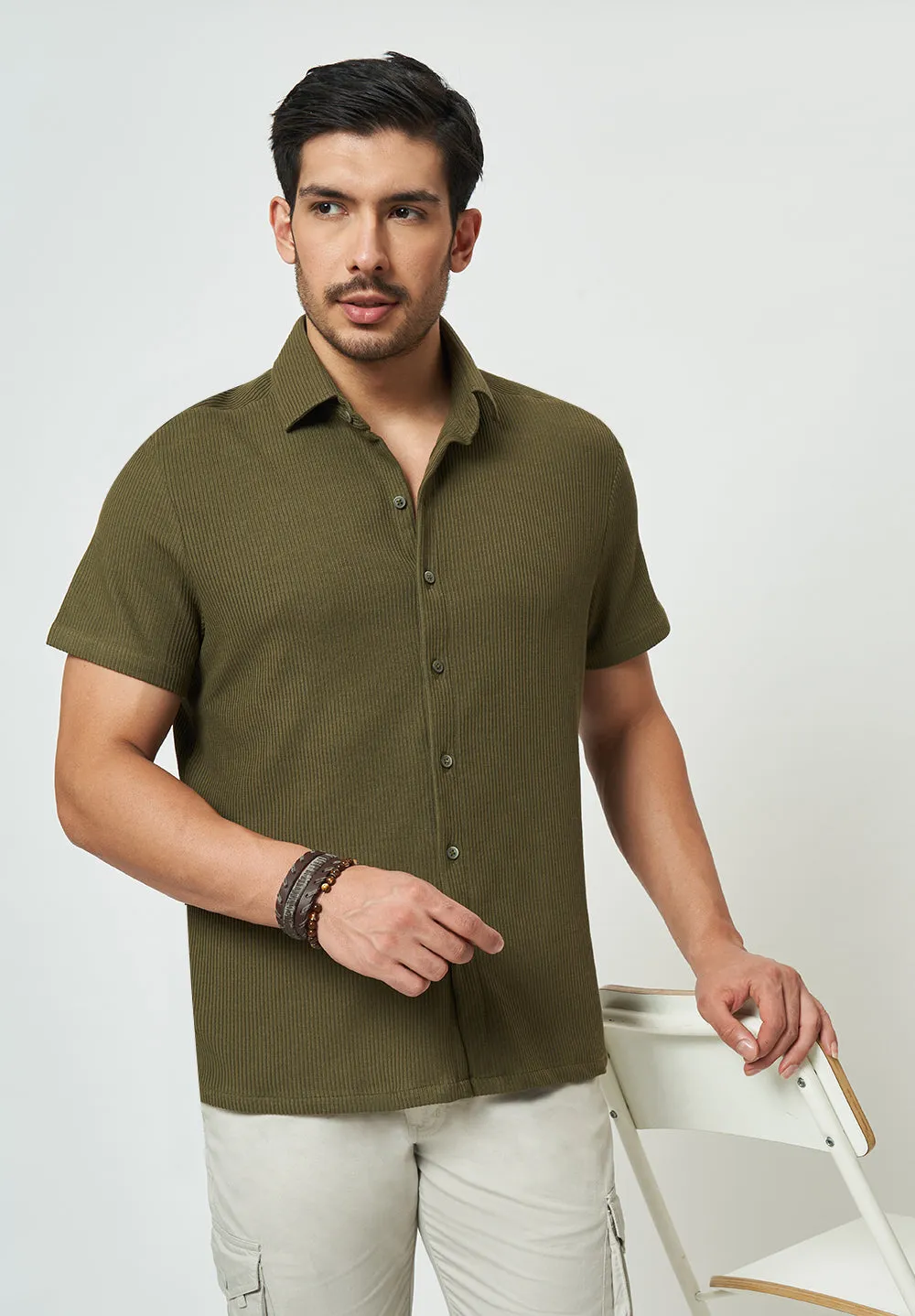 Men Green Striped Casual Shirt