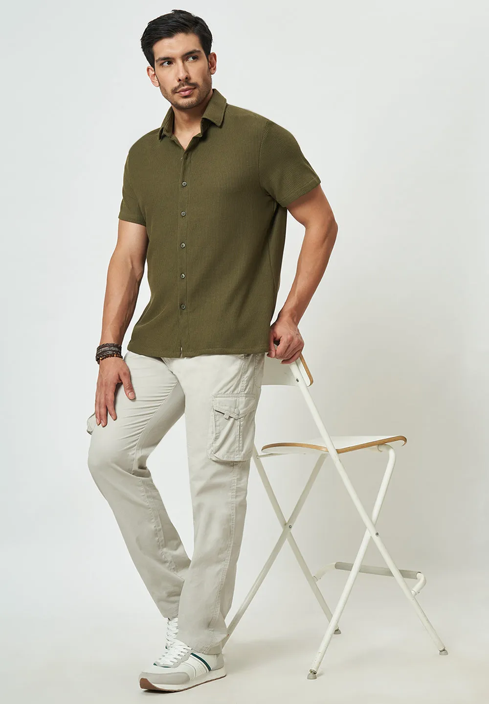 Men Green Striped Casual Shirt