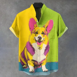 Men's Contrast Color Art Corgi Print Short Sleeve Shirt 2412001126