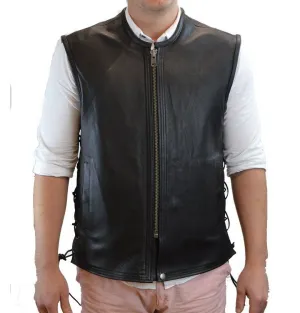 Mens Motorcycle Platinum Butter soft Thick leather seamless vest with High zipper and Laces