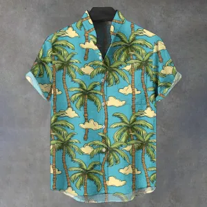 Men's Stand Collar Coconut Trees And Clouds Printed Short Sleeve Shirt 2410004941