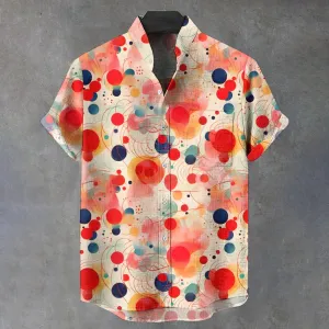 Men's Stand Collar Pink Circle Printed Short Sleeve Shirt 2410004938