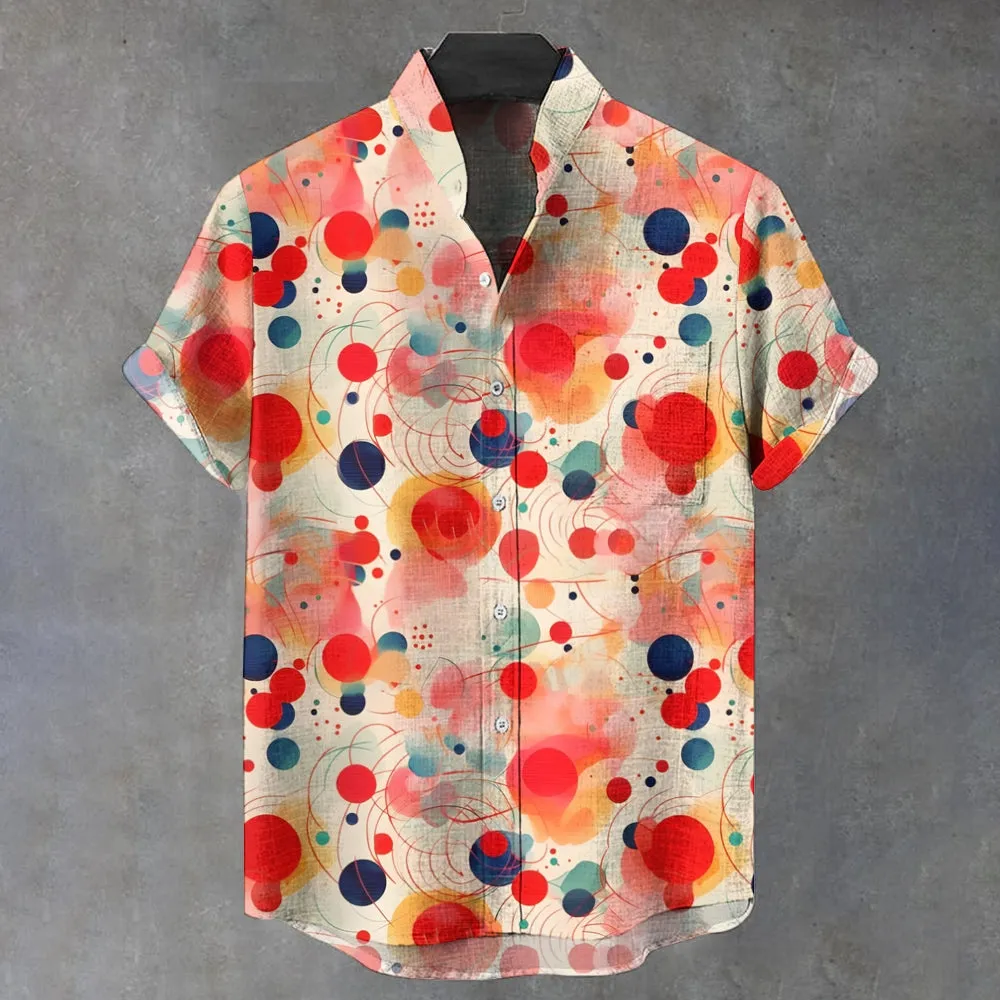 Men's Stand Collar Pink Circle Printed Short Sleeve Shirt 2410004938