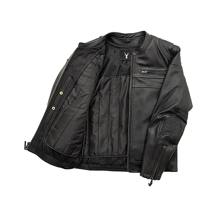 Men's Zipper Closure Thermal Liner Genuine Leather Motorcycle Jacket