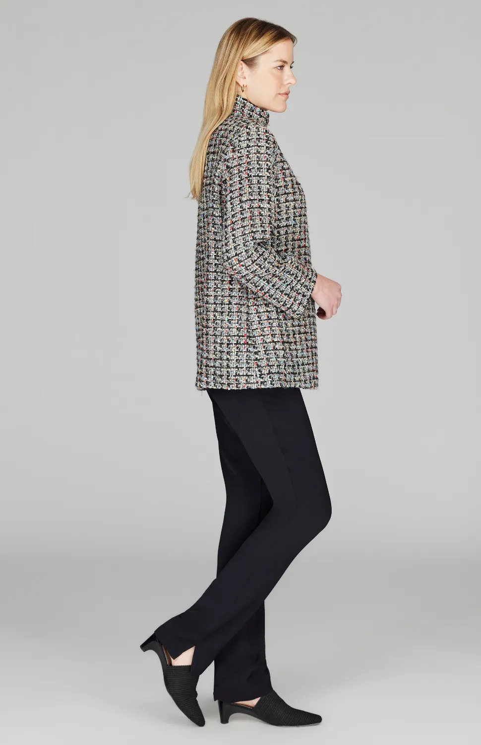 Metallic Confetti Tweed High Neck Zip Front Coat