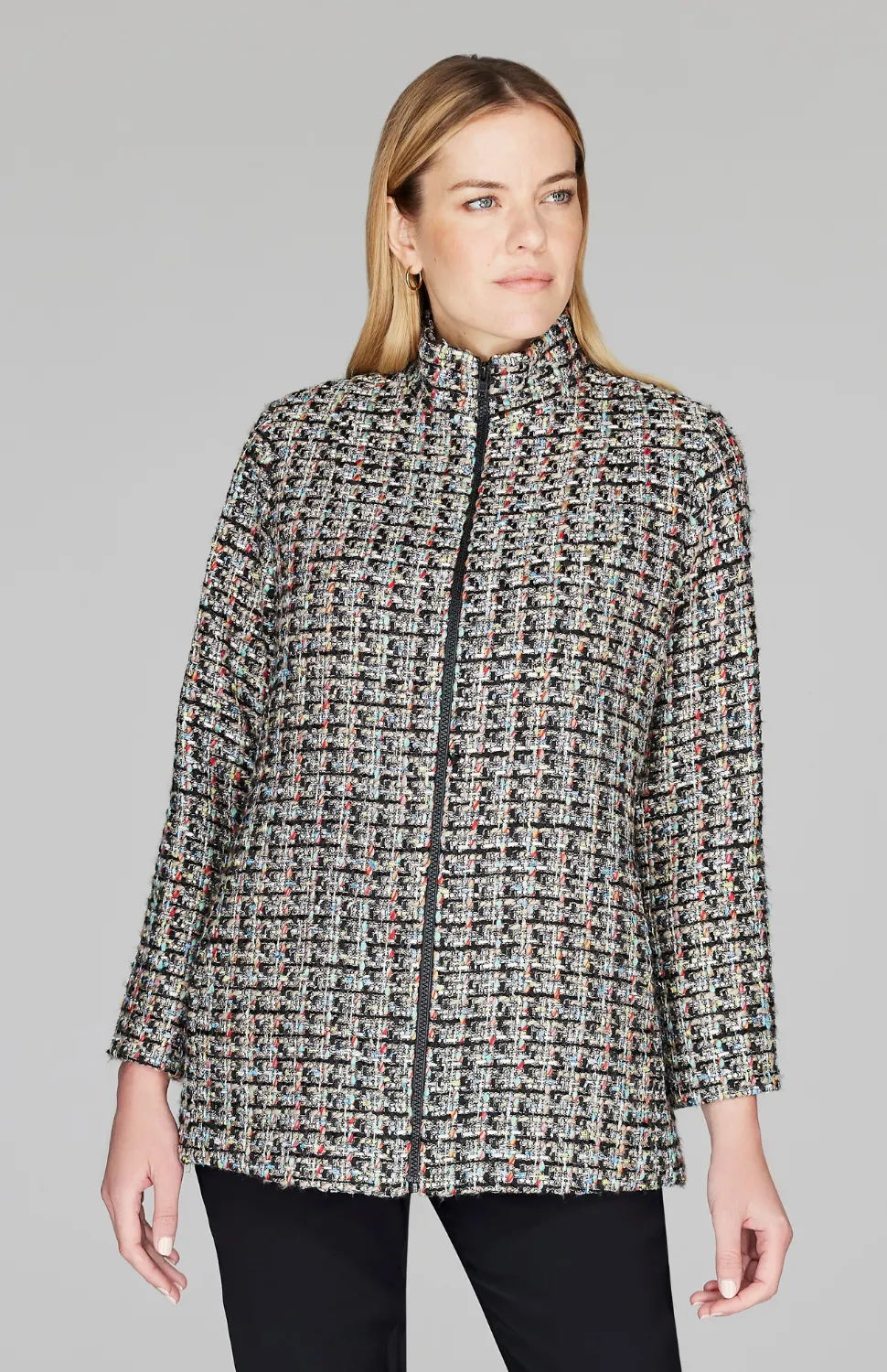 Metallic Confetti Tweed High Neck Zip Front Coat