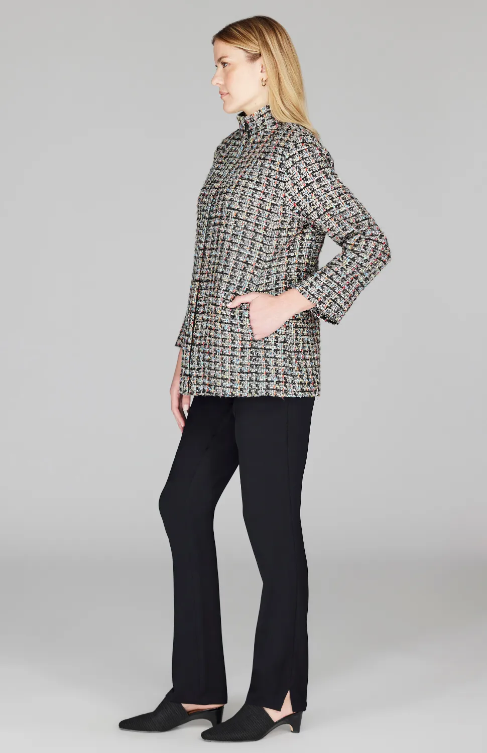 Metallic Confetti Tweed High Neck Zip Front Coat