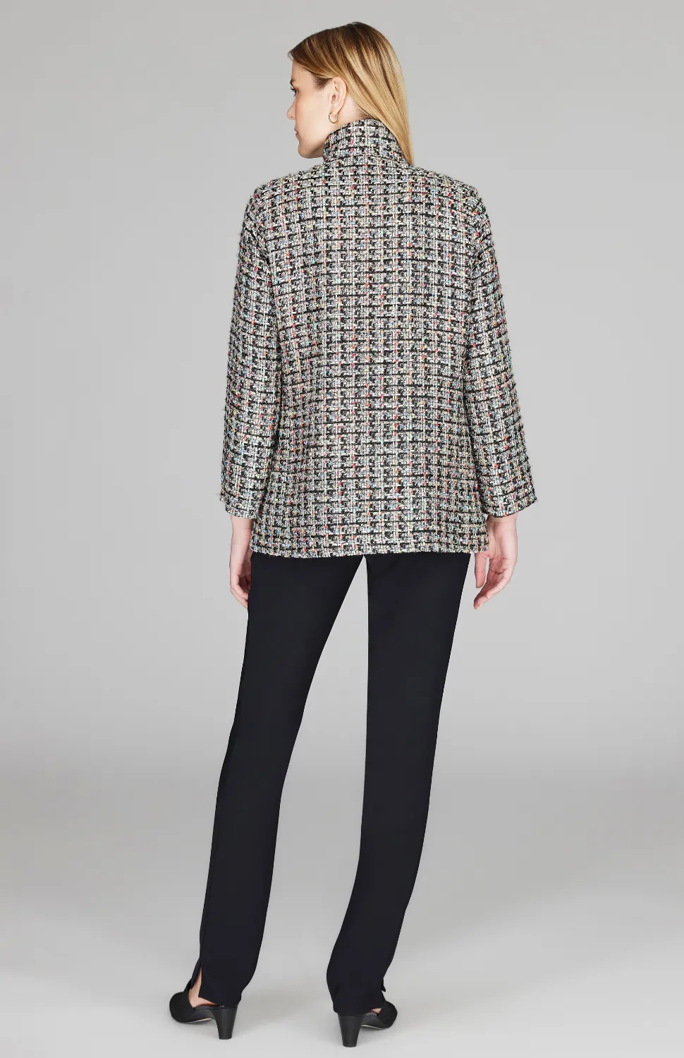 Metallic Confetti Tweed High Neck Zip Front Coat