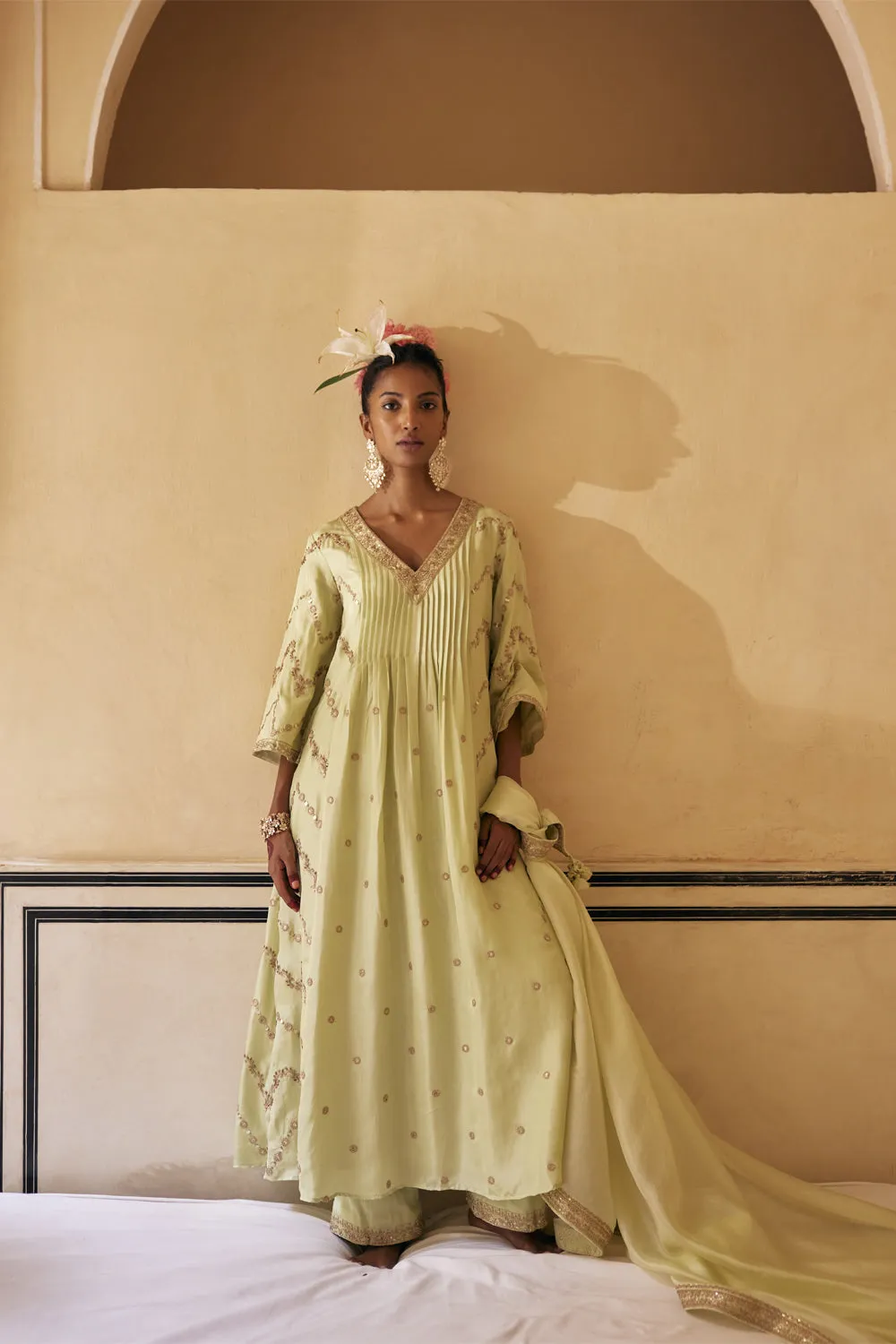 Mint Silk Anarkali Paired With Pants & Dupatta