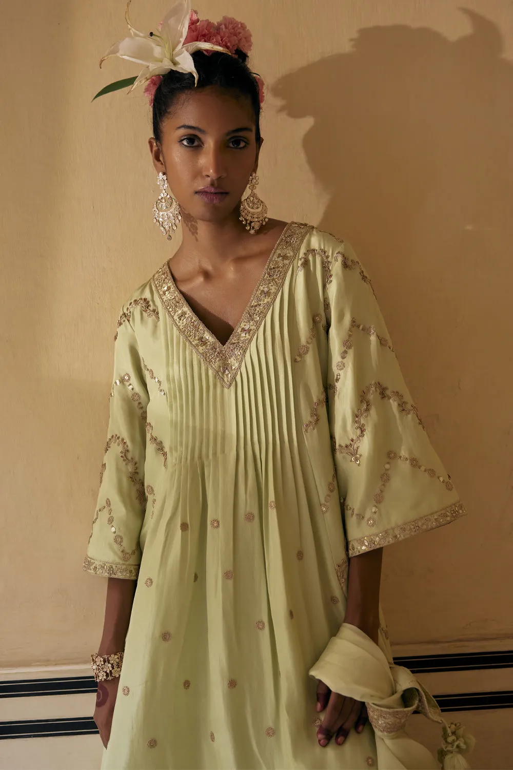Mint Silk Anarkali Paired With Pants & Dupatta