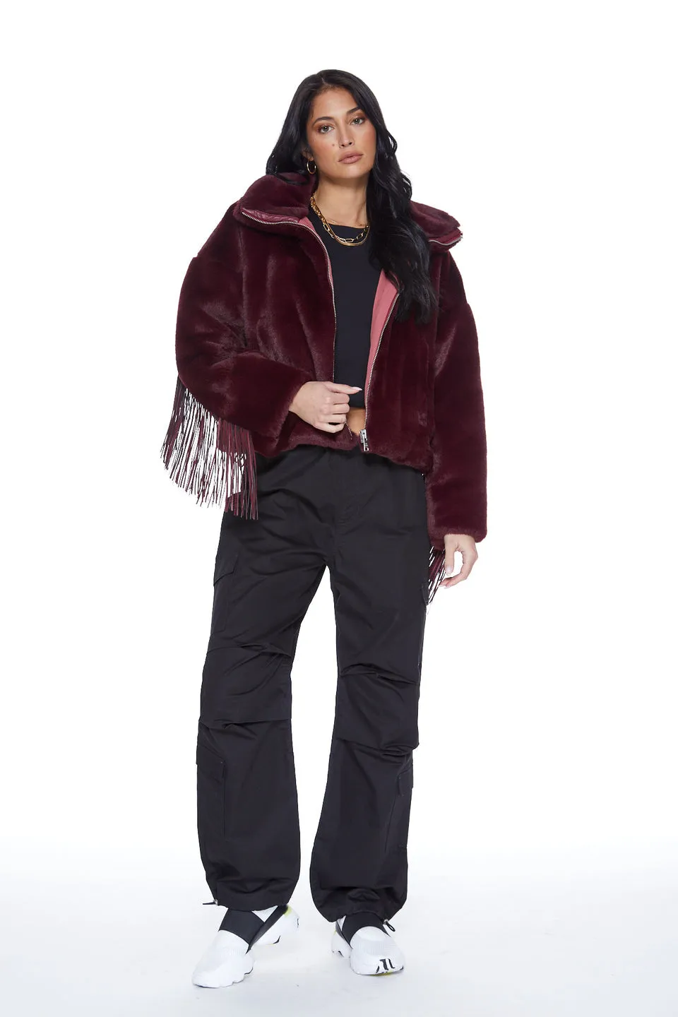 Moonlight Fringe Fur Jacket - Merlot