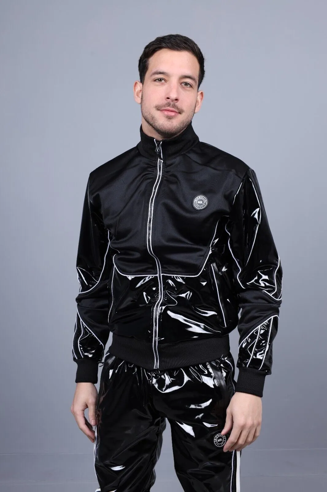 MR. RIEGILLIO PVC Tracksuit Jacket 24 Shiny Black With White Piping R1043