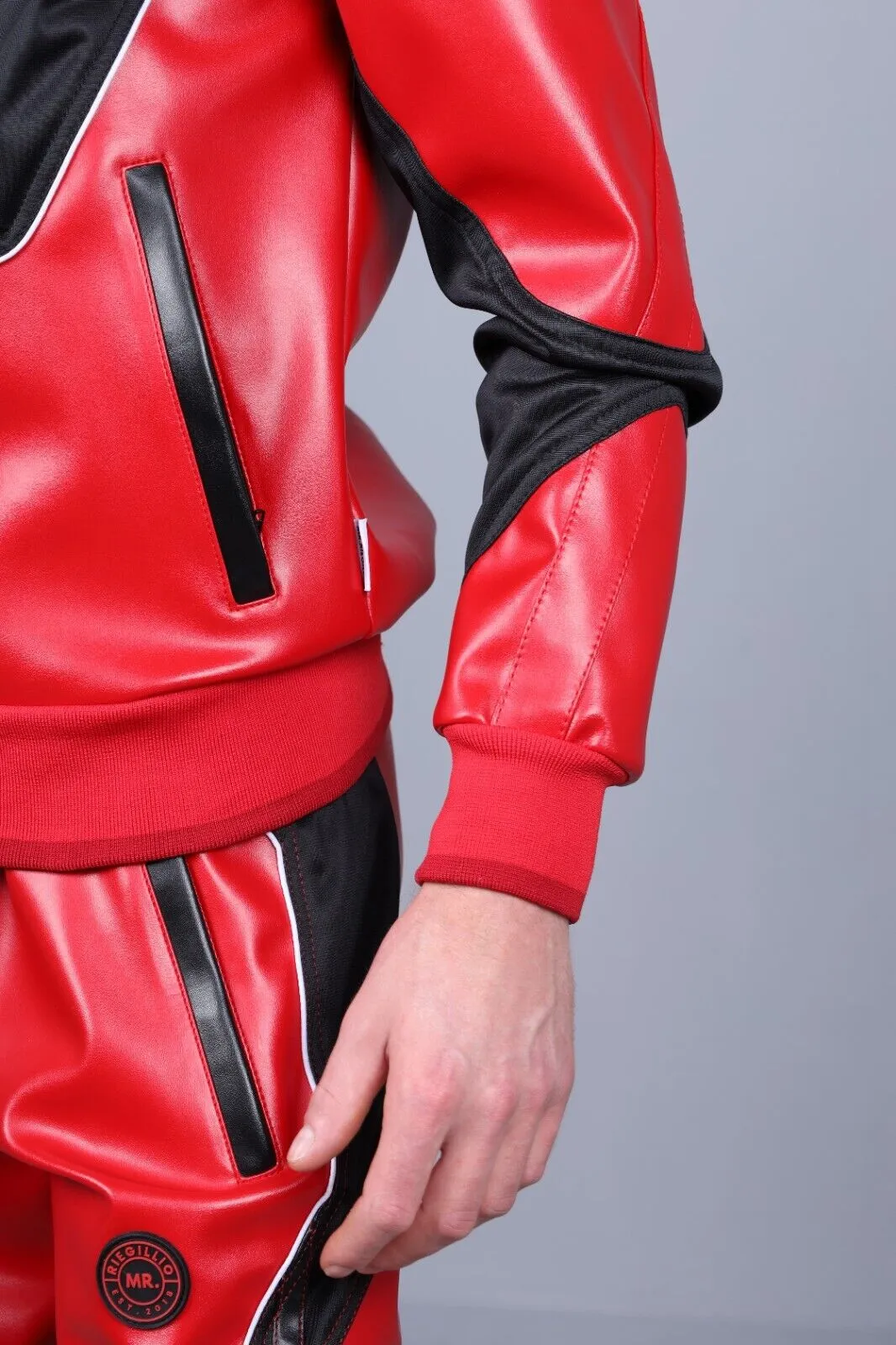MR. RIEGILLIO Vegan Leather Jacket 24 Tracksuit Crew Collar Red R1027
