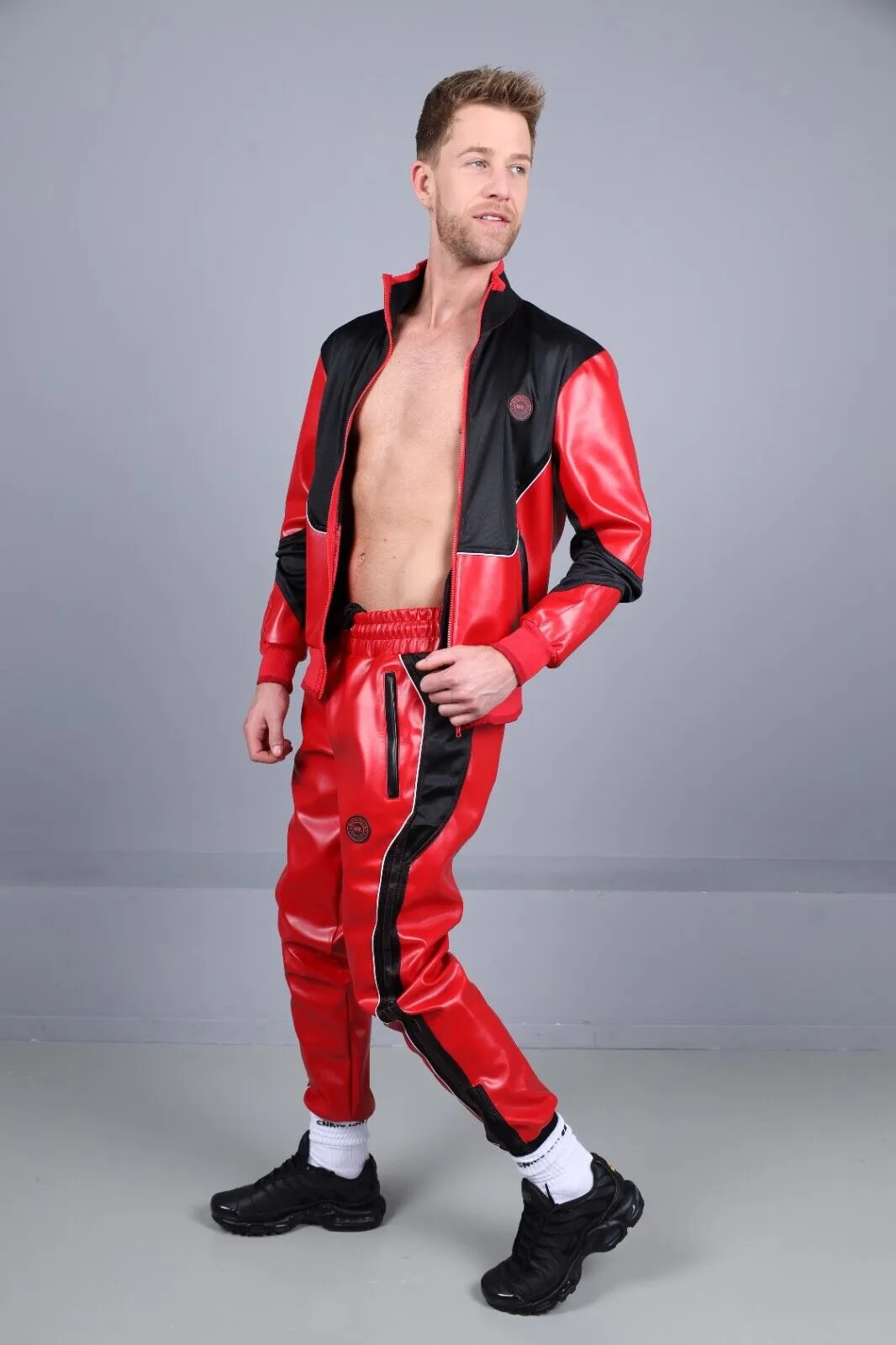 MR. RIEGILLIO Vegan Leather Jacket 24 Tracksuit Crew Collar Red R1027