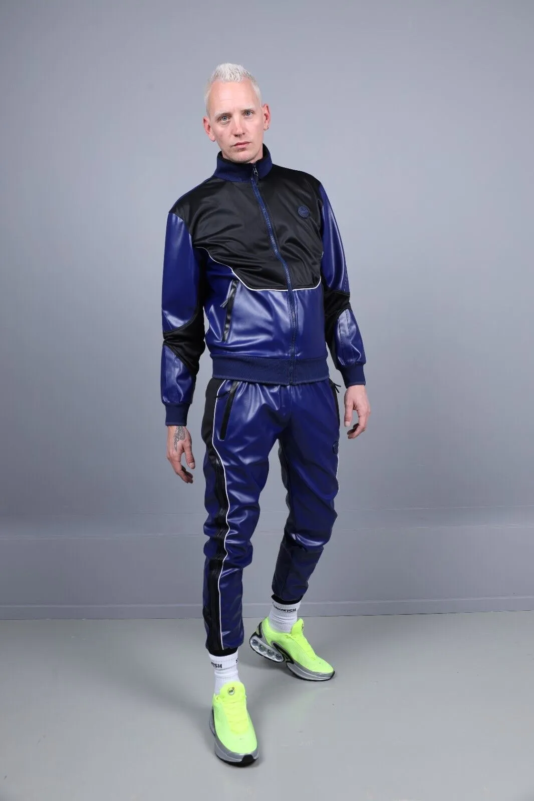 MR. RIEGILLIO Vegan Leather Jacket Tracksuit 24 Crew Collar in Blue R1039