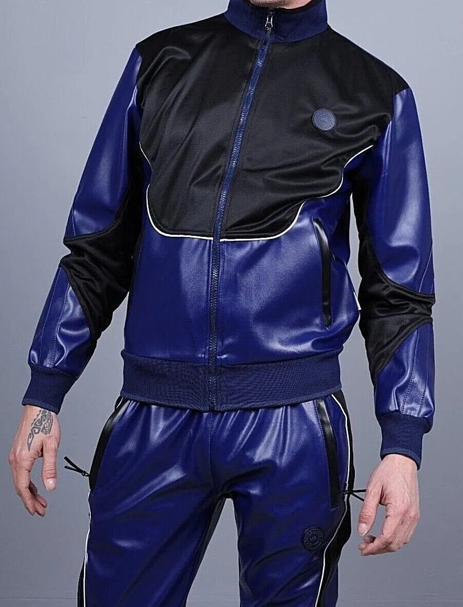 MR. RIEGILLIO Vegan Leather Jacket Tracksuit 24 Crew Collar in Blue R1039