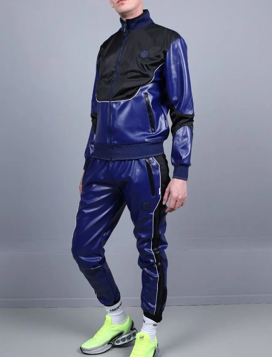 MR. RIEGILLIO Vegan Leather Jacket Tracksuit 24 Crew Collar in Blue R1039