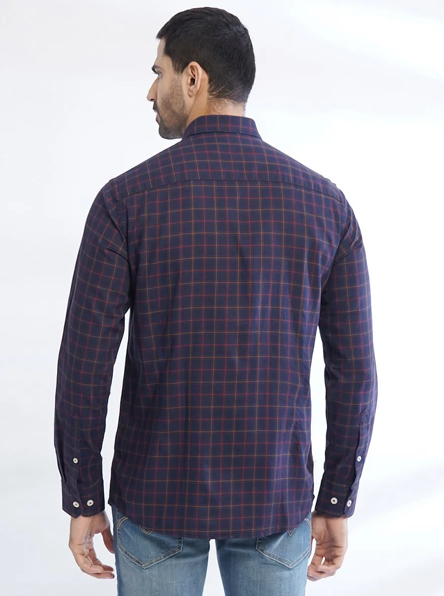 Navy Blue Checked Slim Fit Semi Casual Shirt | JadeBlue
